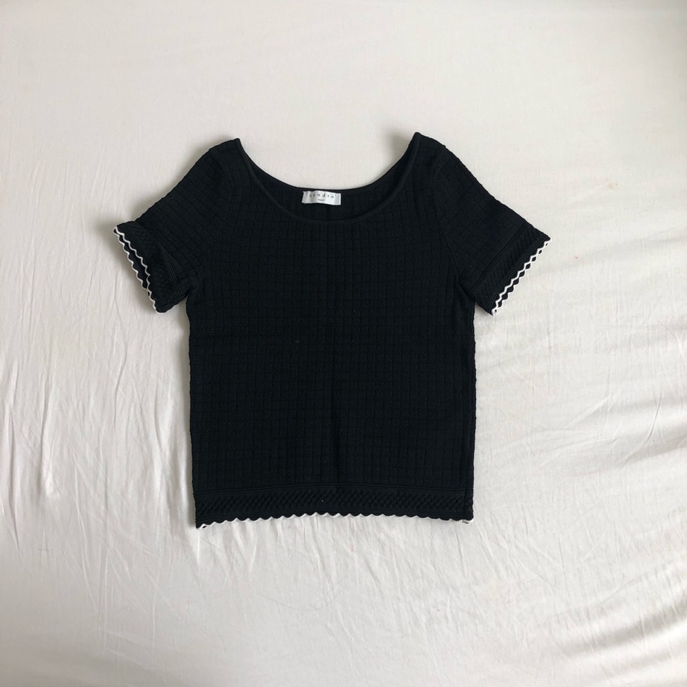 Sandro Black Short Sleeve Knit Top with White Scalloped Trim
